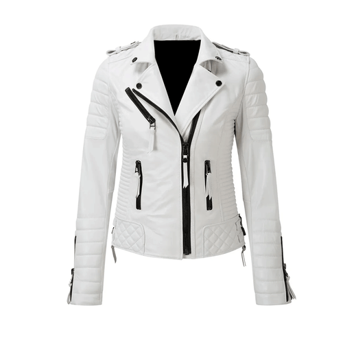 A white leather motorcycle jacket with black accents and a zipper front.