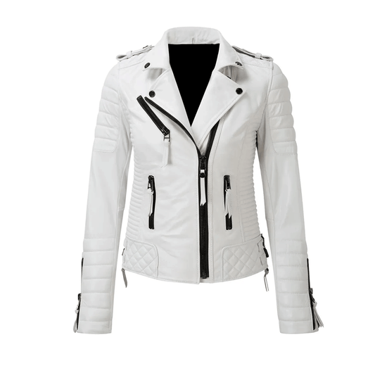 A white leather motorcycle jacket with black accents and a zipper front.