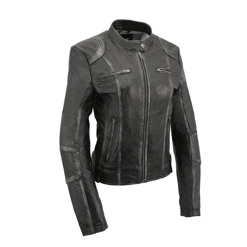 A black leather motorcycle jacket for women with a mandarin collar, zipper details, and padded elbows, shoulders, and back.
