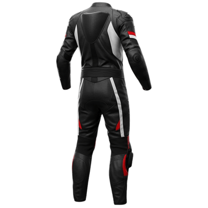 Black leather motorcycle suit with red and white accents on a white background