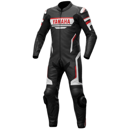 Black leather racing suit with Yamaha logo on a white background